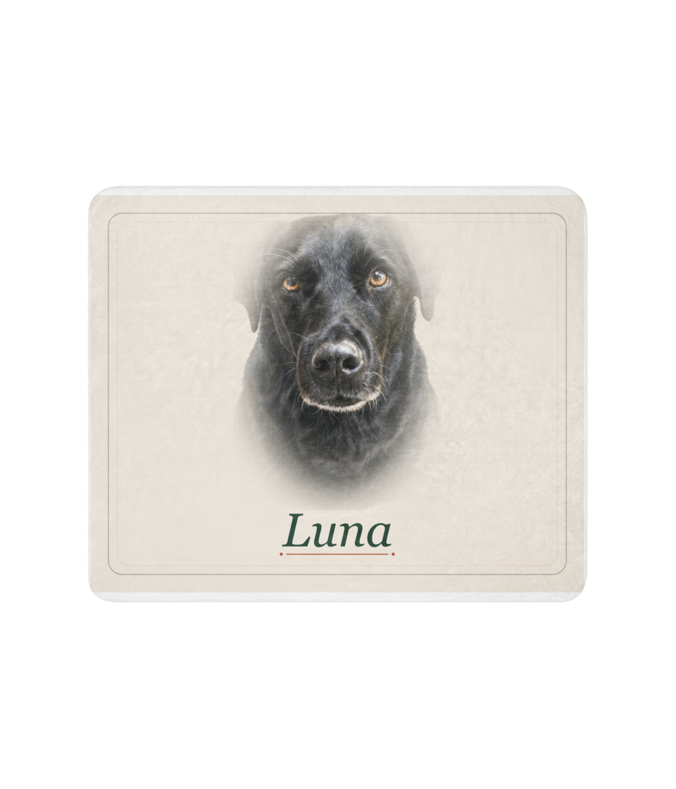 Black lab Heirloom portrait and Luna name on a sherpa blanket mockup