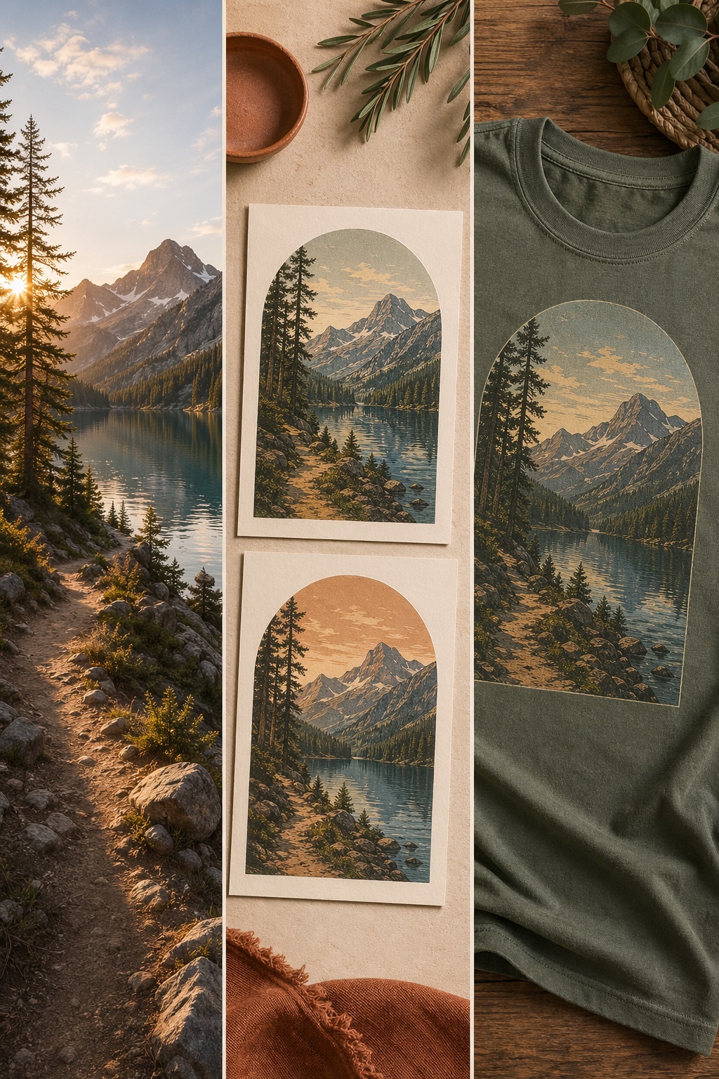 Sample favorite place tee workflow showing a scenic source photo, poster-style proof directions, and final shirt mockup