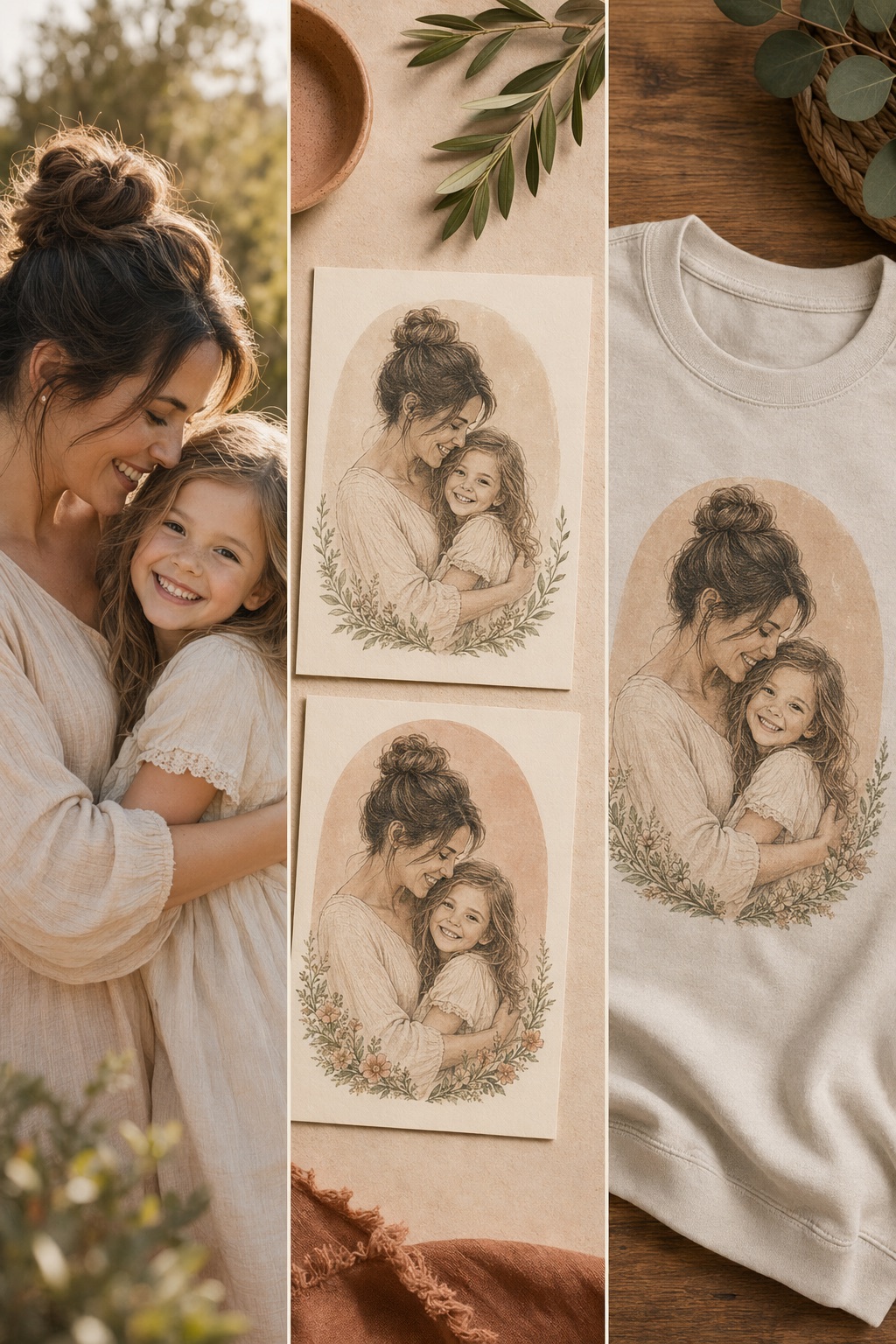 Sample parent and kid keepsake workflow showing the source photo, proof directions, and final sweatshirt mockup