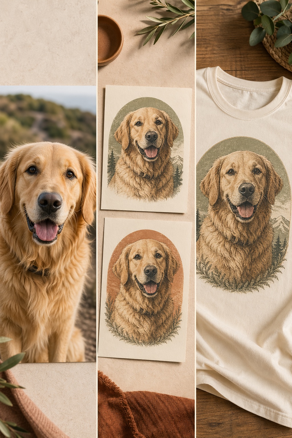 Sample pet portrait tee workflow showing the customer photo, proof directions, and final shirt mockup